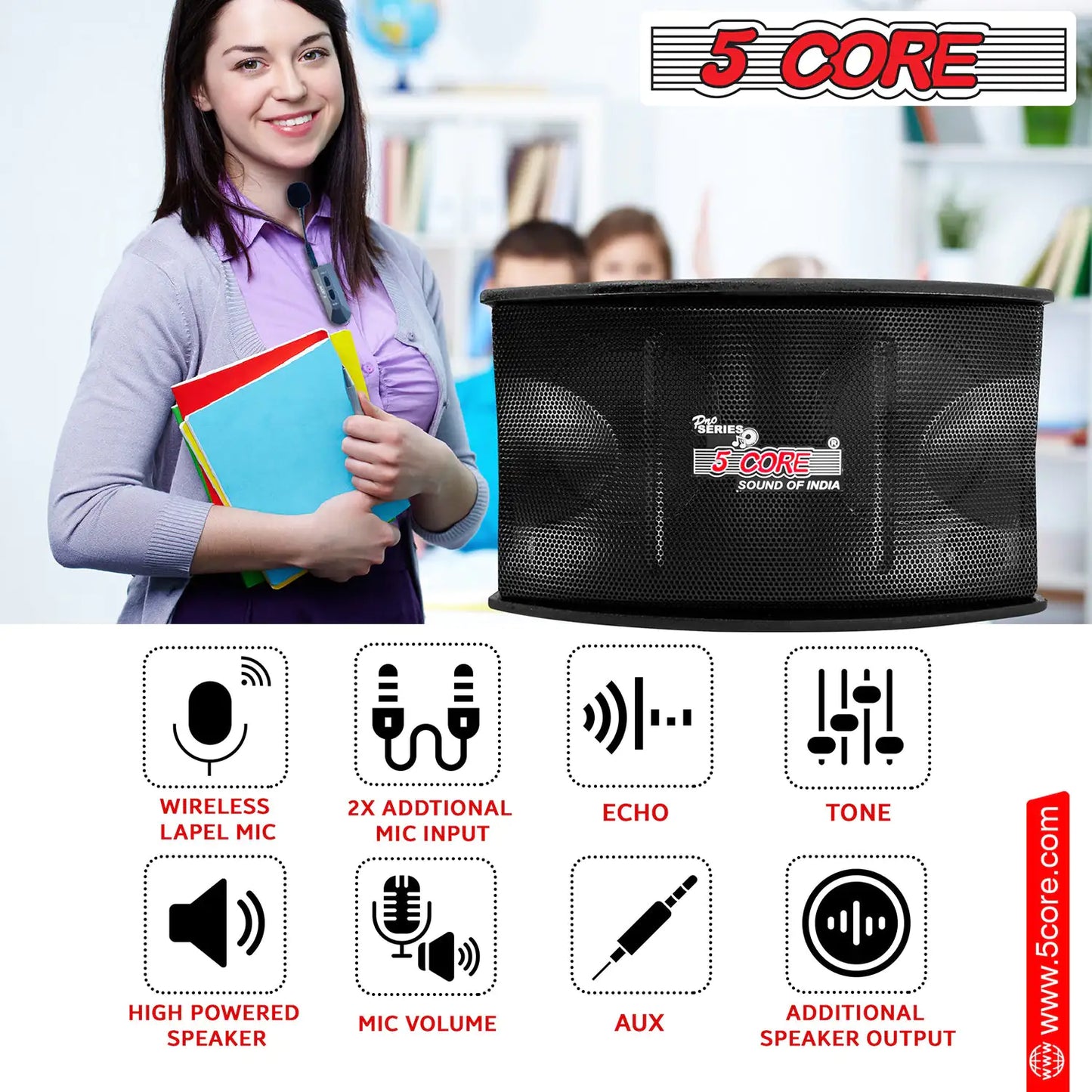 5Core Voice Amplifier 200W Active Portable PA Speaker System w Wireless Lavalier Microphone